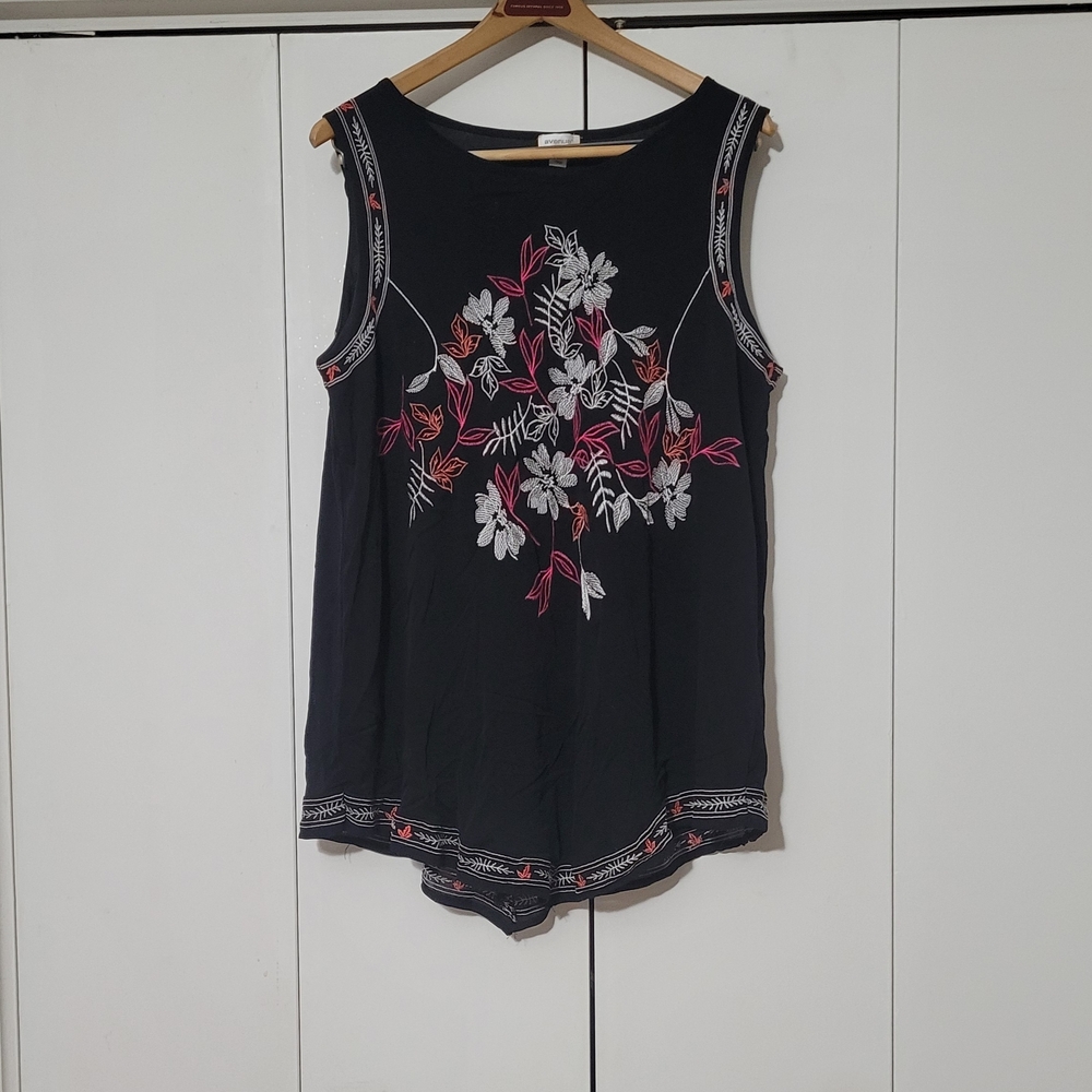 Avenue Black Sleeveless Tank with Pink & White Floral Embroidery